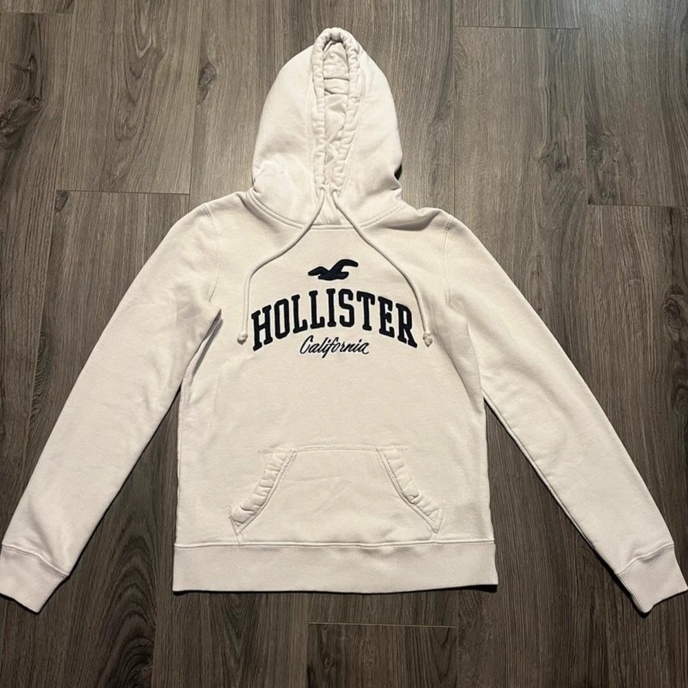 Hollister California Logo Pullover Hoodie White Navy XS